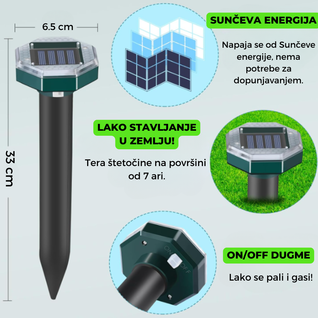 Solarni rasterivač krtica i njegove dimenzije, kao i način upotrebe