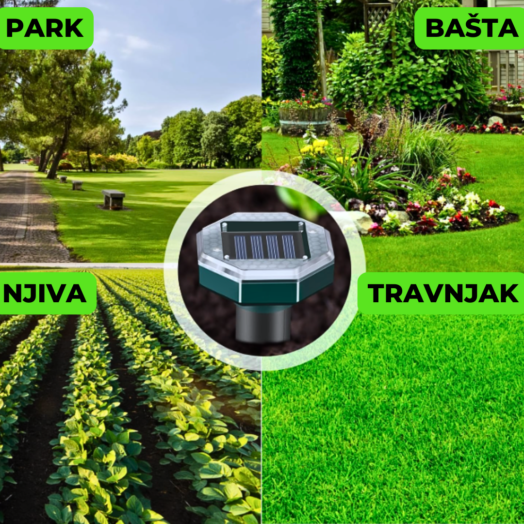 Solarni rasterivač krtica je namenjen za upotrebu u vrtovima, baštama, parkovima ili čak njivama!